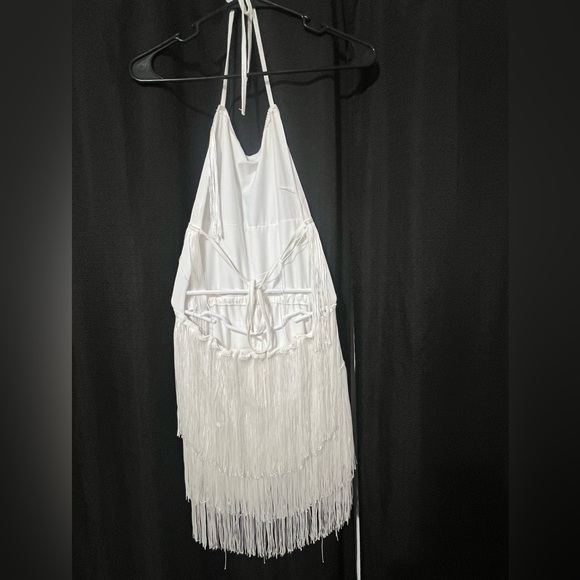 Western/boho vibes white fringe halter strap romper, size small, open back - Picture 3 of 12